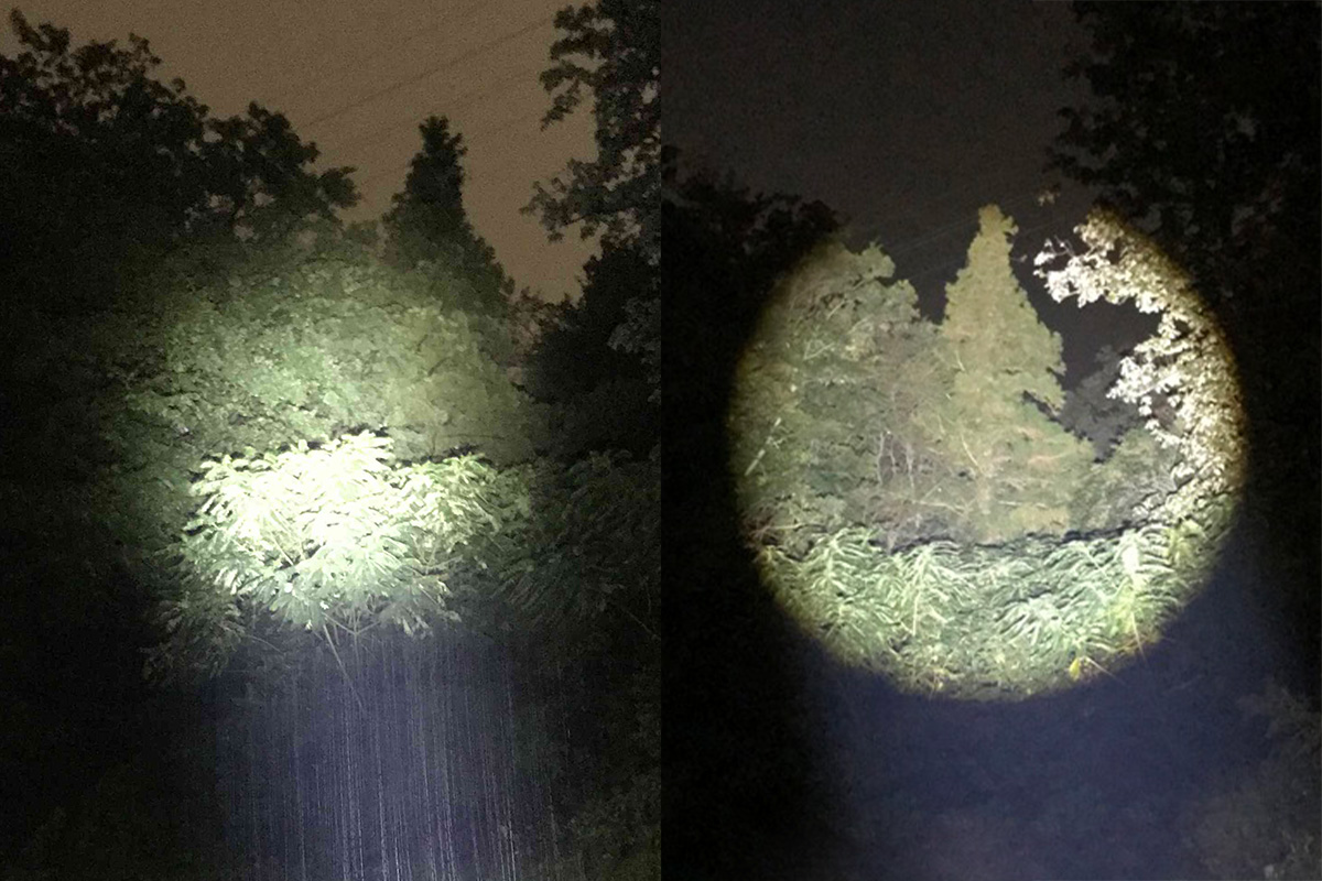 Nighttime forest illumination comparison. Our searchlight ”ALPHA-1” (right) provides uniform lighting with clear visibility of objects, while the competitor’s product (left) shows uneven illumination and reduced visibility.