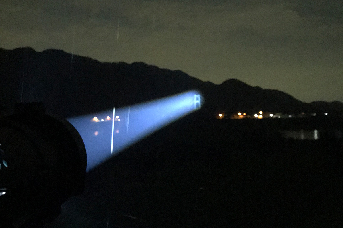 Long-distance performance of ALPHA-1, maintaining practical brightness at 1.5 km, allowing newspaper text to be read.