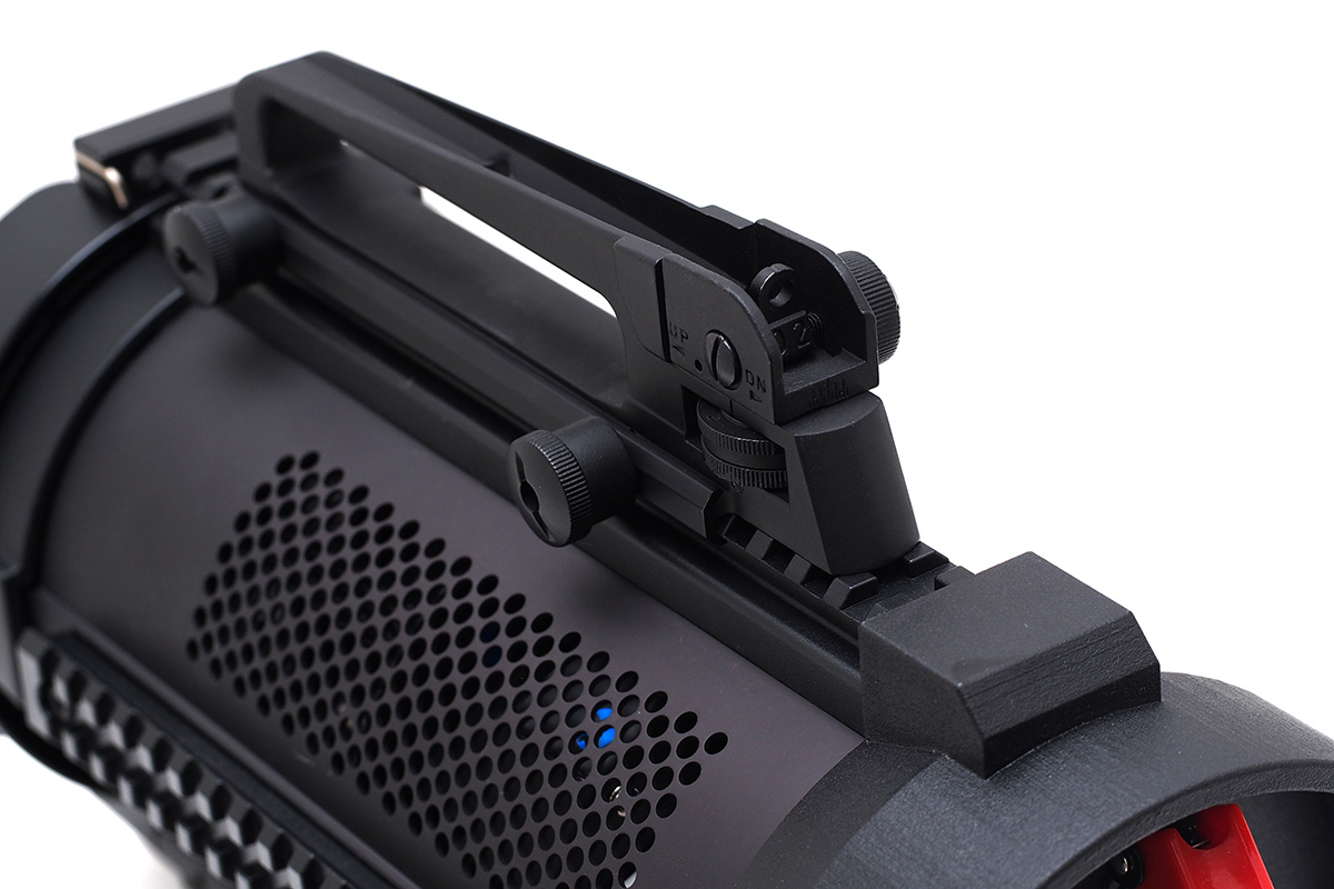 Integrated searchlight design with built-in battery for improved portability. Optional carrying handle enhances operational usability.